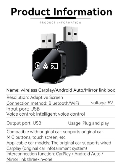 3 in 1 Carplay Adapter Wireless Android Auto AIBox for OEM Wired Carplay Screen Support Original MIC/Button/Touch Control