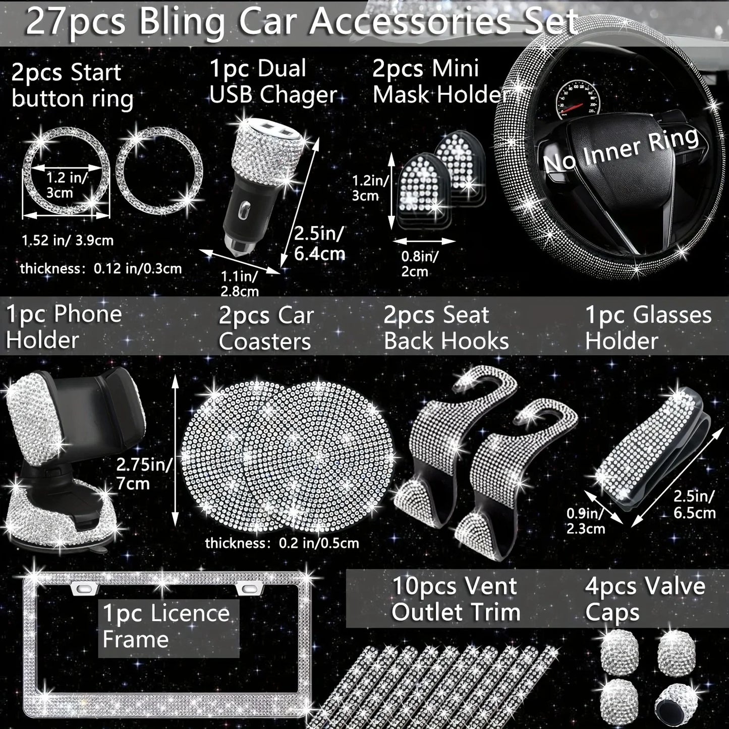 Car Steering Wheel Cover Non-slip Comfortable Stretch Handlebar Cover Drilling U.S. Licence Plate Frame Rhinestone CarDecoration