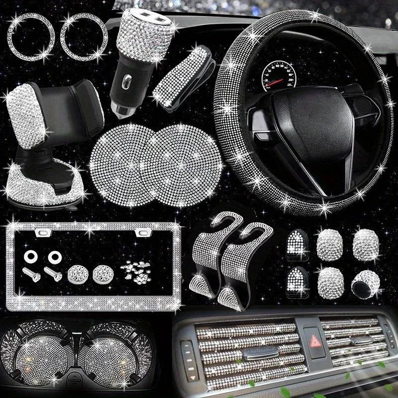 Car Steering Wheel Cover Non-slip Comfortable Stretch Handlebar Cover Drilling U.S. Licence Plate Frame Rhinestone CarDecoration