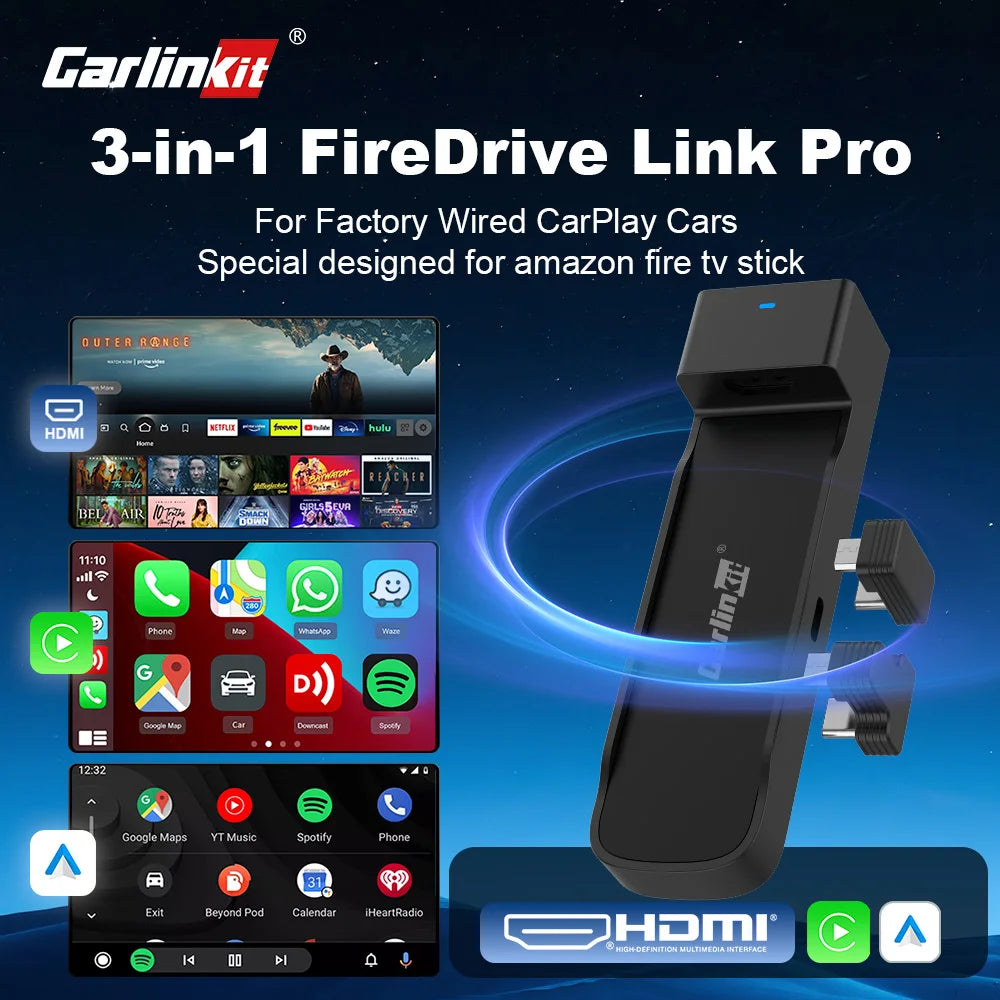 New CarlinKit FireDrive Link Pro 3-in-1 Wireless CarPlay Android Auto HDMI Adapter for Amazon Fire TV Stick Video Streaming Box
