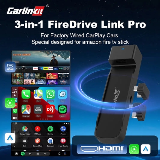New CarlinKit FireDrive Link Pro 3-in-1 Wireless CarPlay Android Auto HDMI Adapter for Amazon Fire TV Stick Video Streaming Box