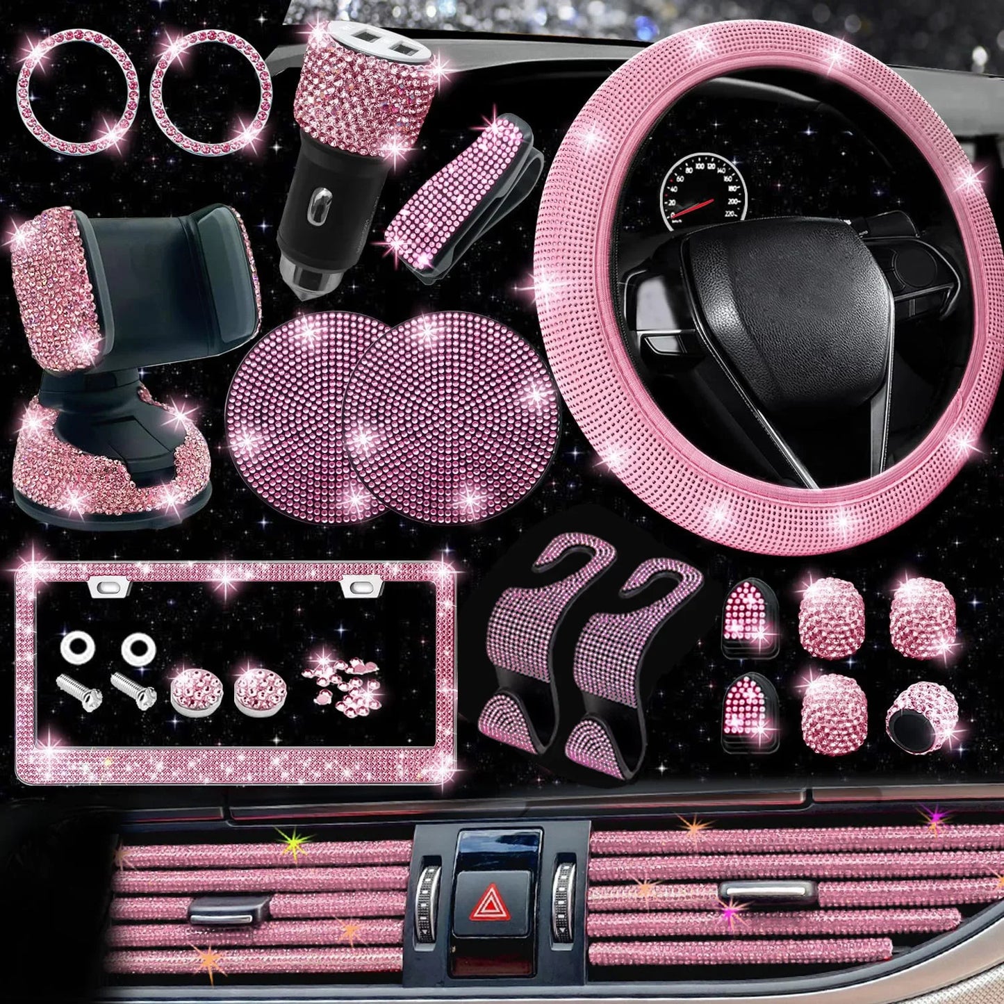 Car Steering Wheel Cover Non-slip Comfortable Stretch Handlebar Cover Drilling U.S. Licence Plate Frame Rhinestone CarDecoration