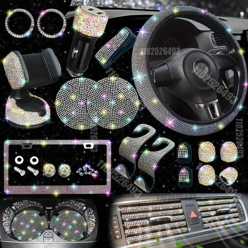 Car Steering Wheel Cover Non-slip Comfortable Stretch Handlebar Cover Drilling U.S. Licence Plate Frame Rhinestone CarDecoration