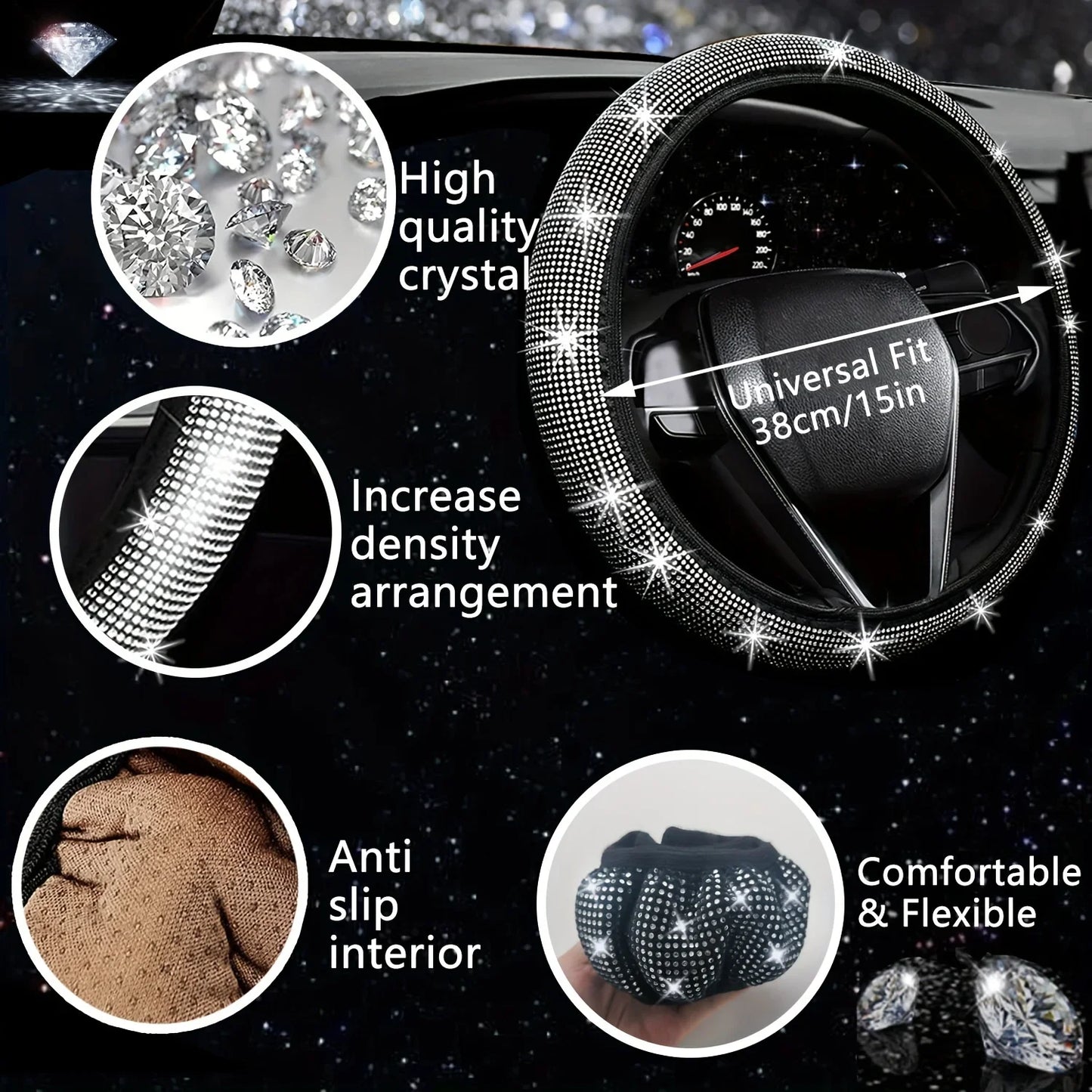 Car Steering Wheel Cover Non-slip Comfortable Stretch Handlebar Cover Drilling U.S. Licence Plate Frame Rhinestone CarDecoration