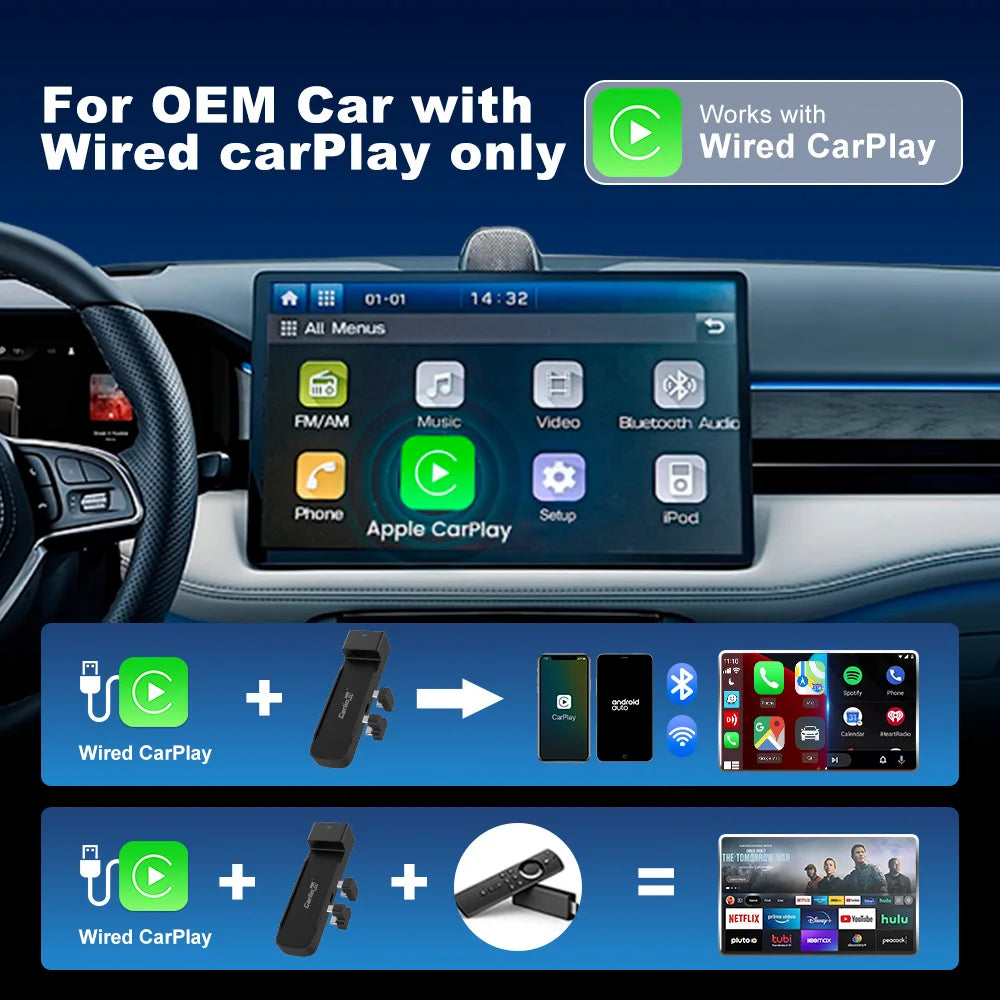 New CarlinKit FireDrive Link Pro 3-in-1 Wireless CarPlay Android Auto HDMI Adapter for Amazon Fire TV Stick Video Streaming Box
