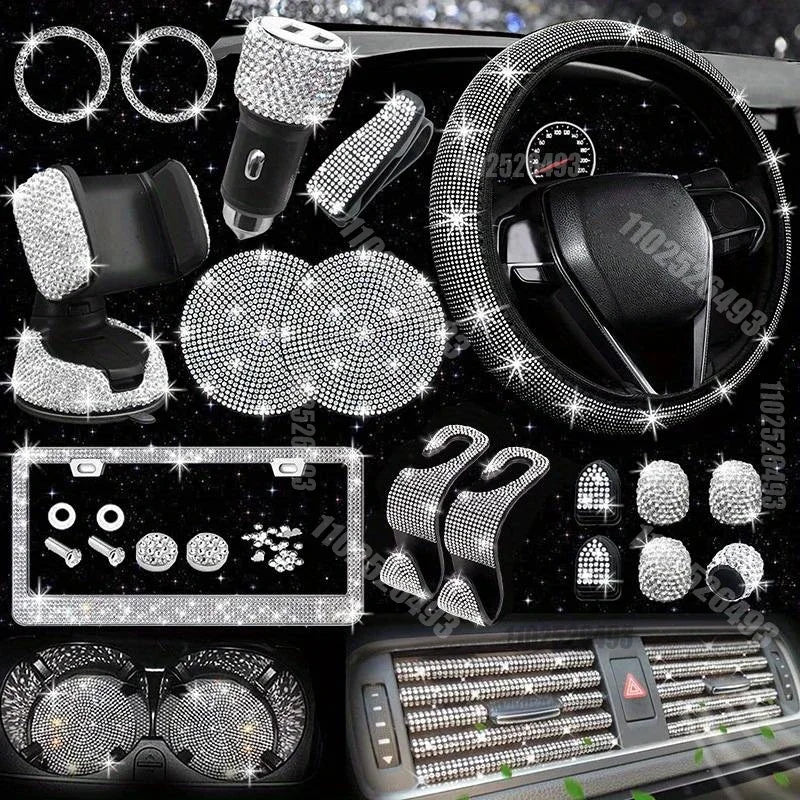 Car Steering Wheel Cover Non-slip Comfortable Stretch Handlebar Cover Drilling U.S. Licence Plate Frame Rhinestone CarDecoration